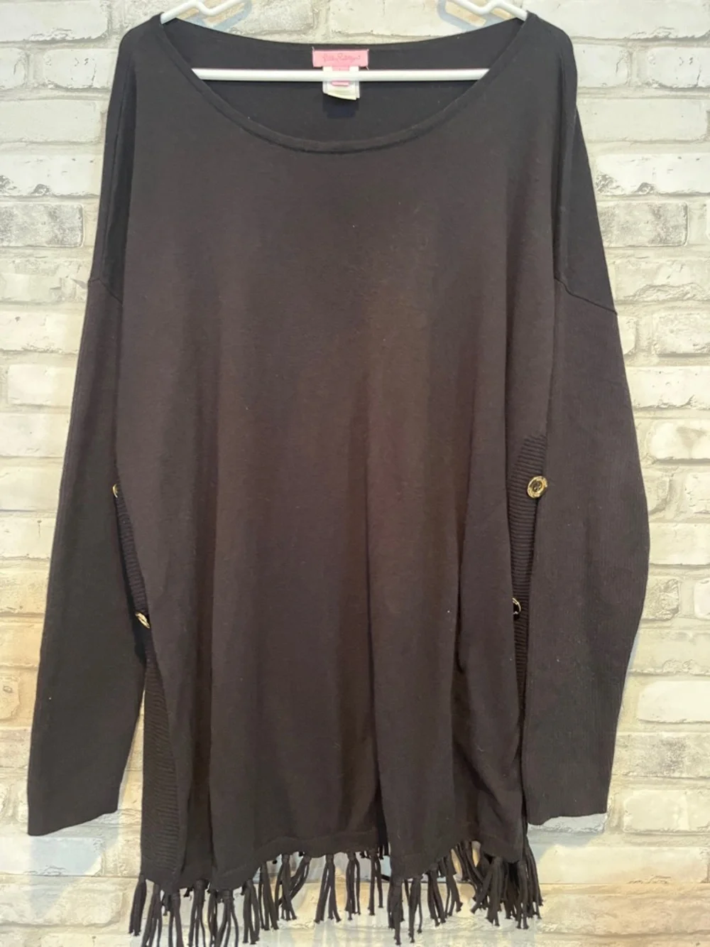 Lilly Pulitzer Black Fringe Hem Long-Sleeve Pullover side button Ramona top